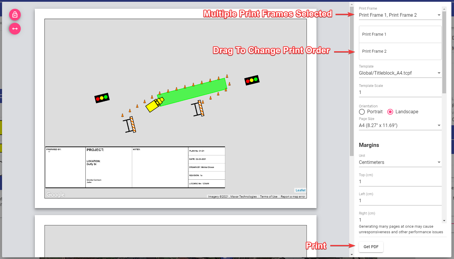 Multiple print frames selected and arranged in the print dialog