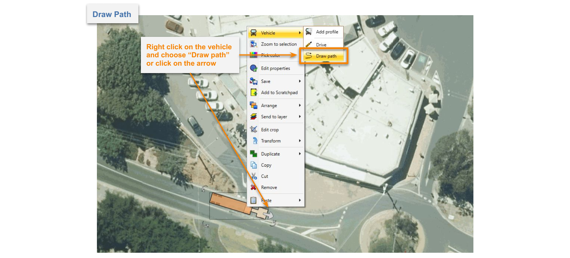 Selected Vehicle object with the arrow that indicates forward movement direction