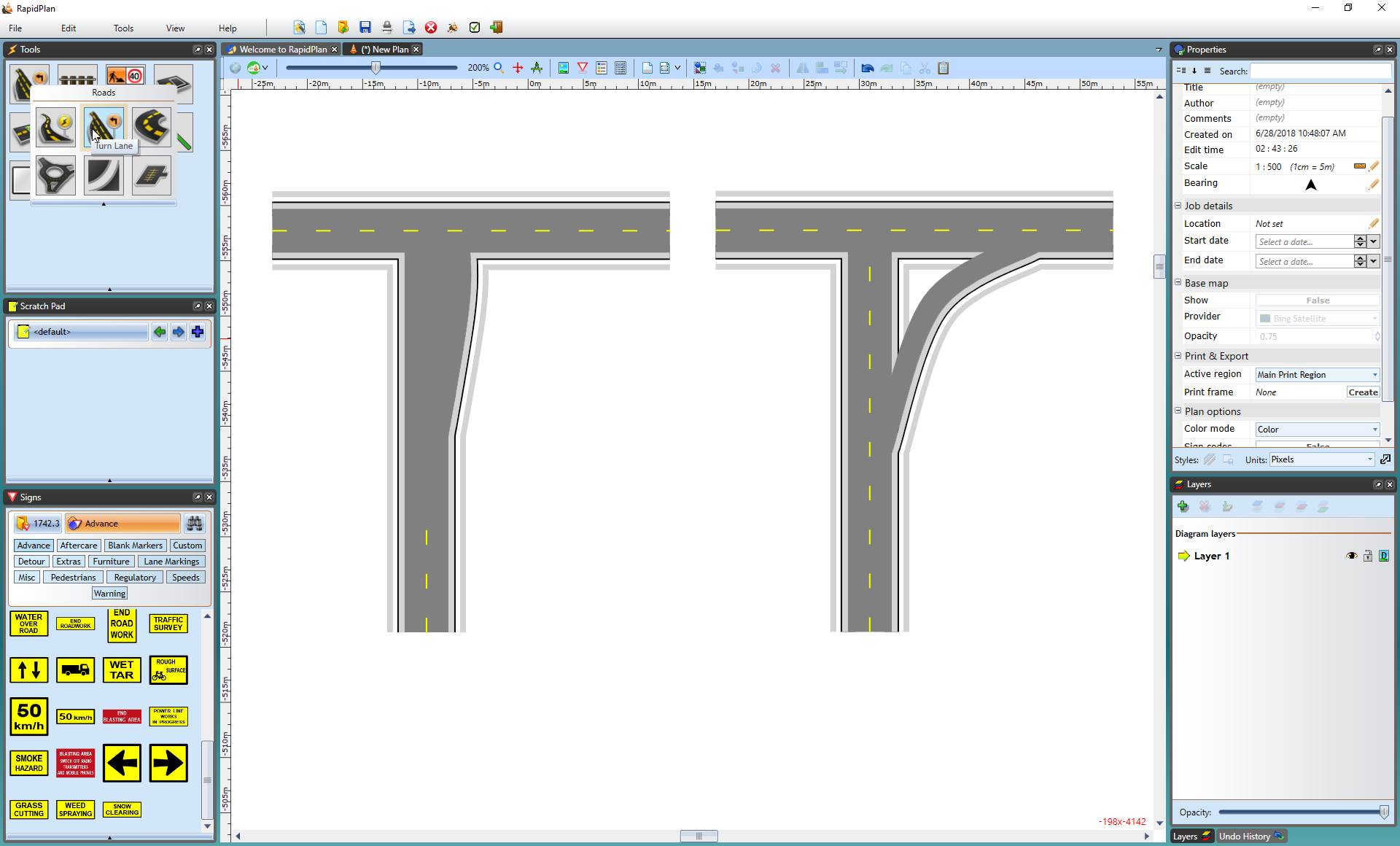 Turning_Lane_on_left_and_a_Slip_Lane_on_right_using_the_Turn_Lane_tool