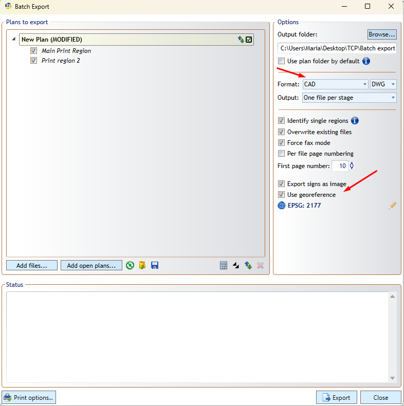 CAD format and georeference options in Batch Export