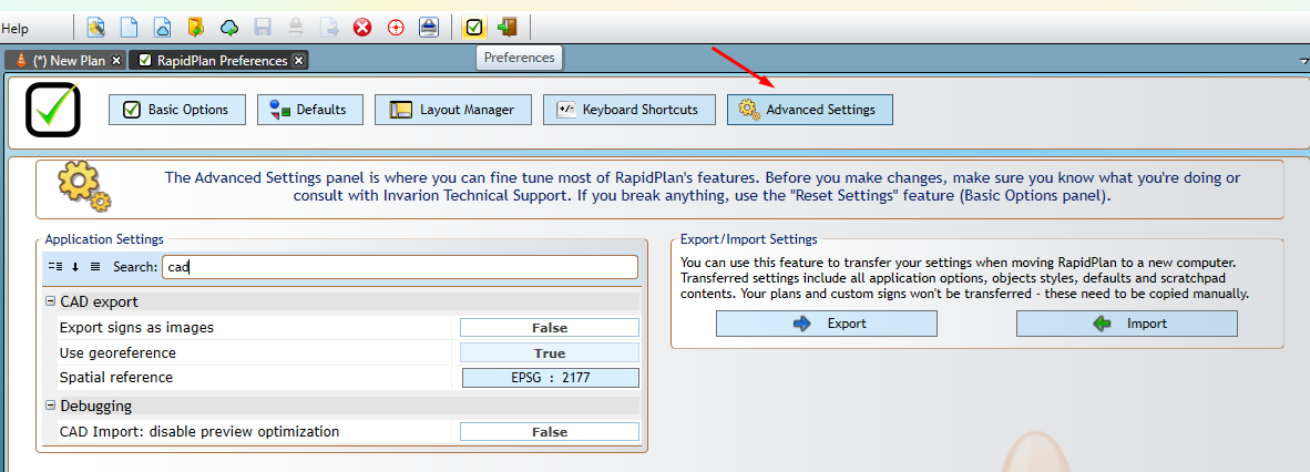 Georeference options under CAD export in Advanced Settings