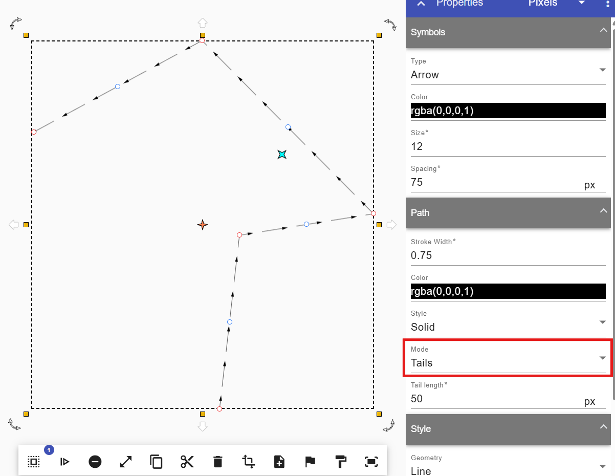 Select Tails in the Marked Path tool properties