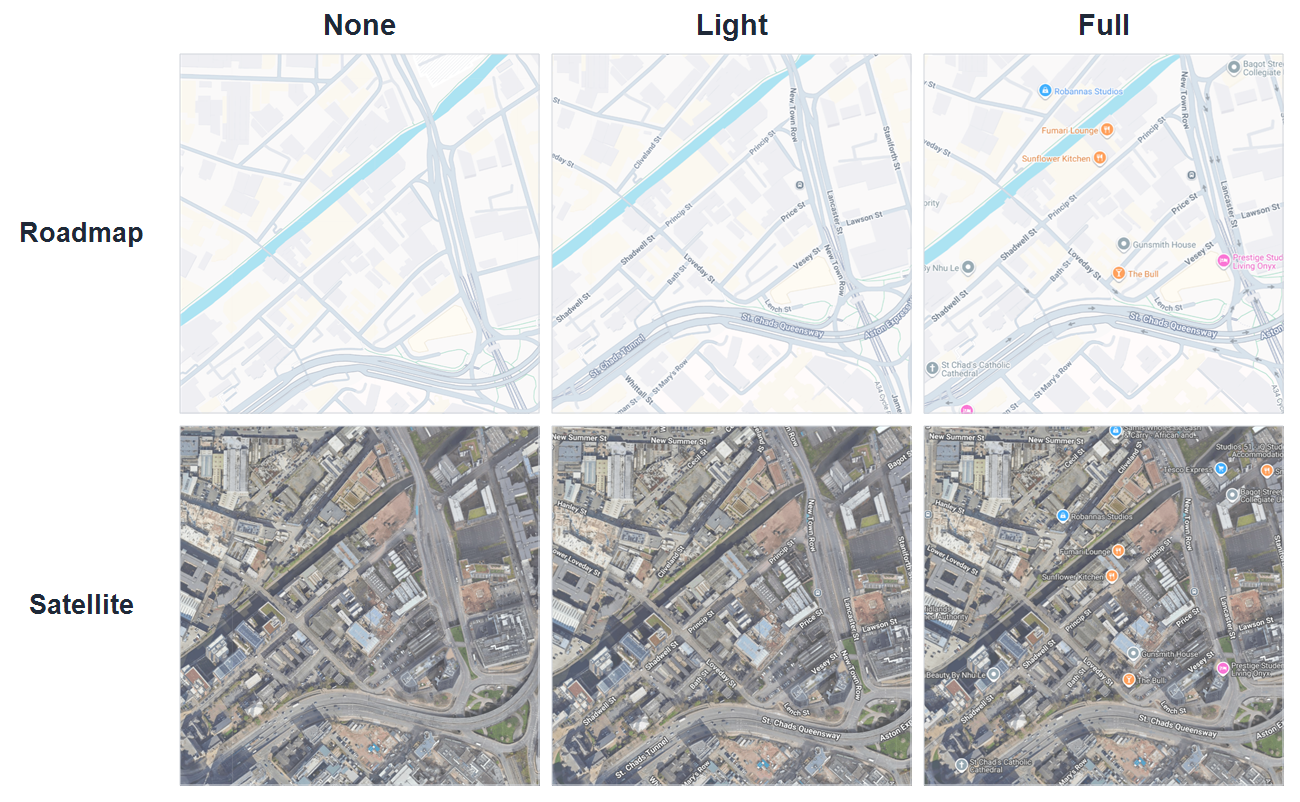 Google basemap annotation levels comparison