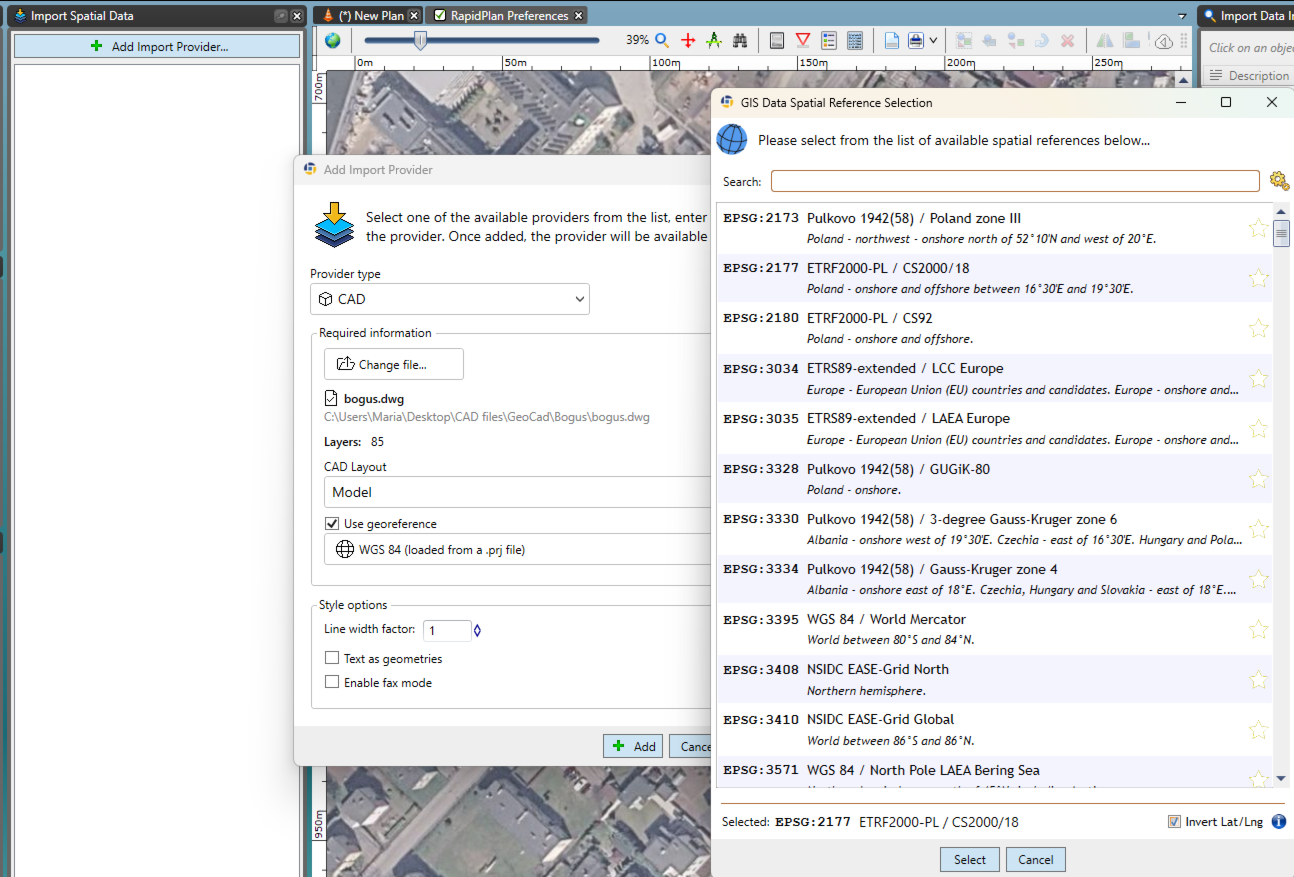 CAD provider and spatial reference settings for a georeferenced import
