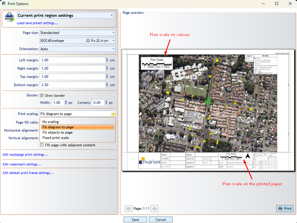 Print Options comparing a 1:2000 plan scale with a 1:3228 printed scale